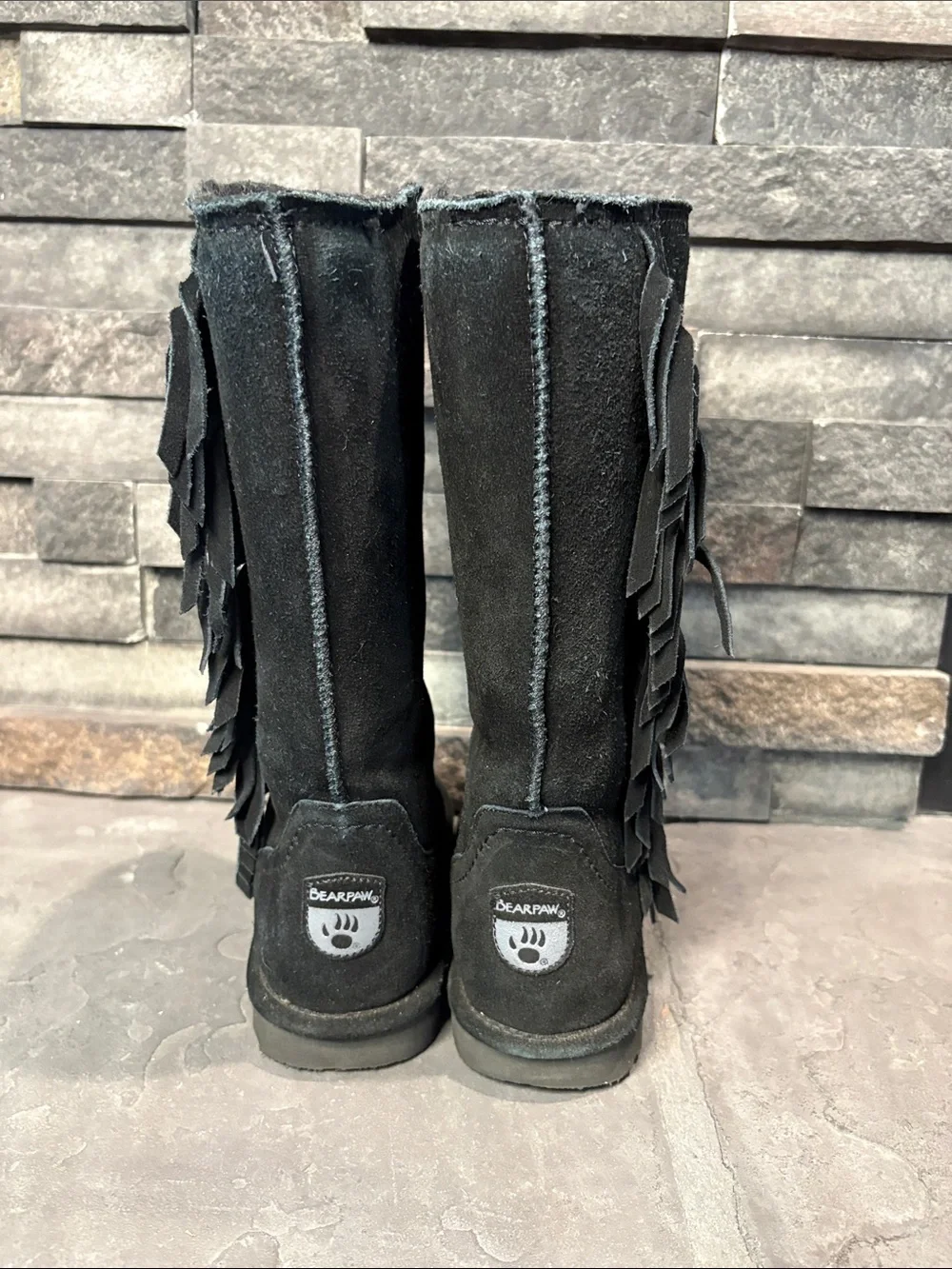 Bearpaw Black Suede Boots with Fringe